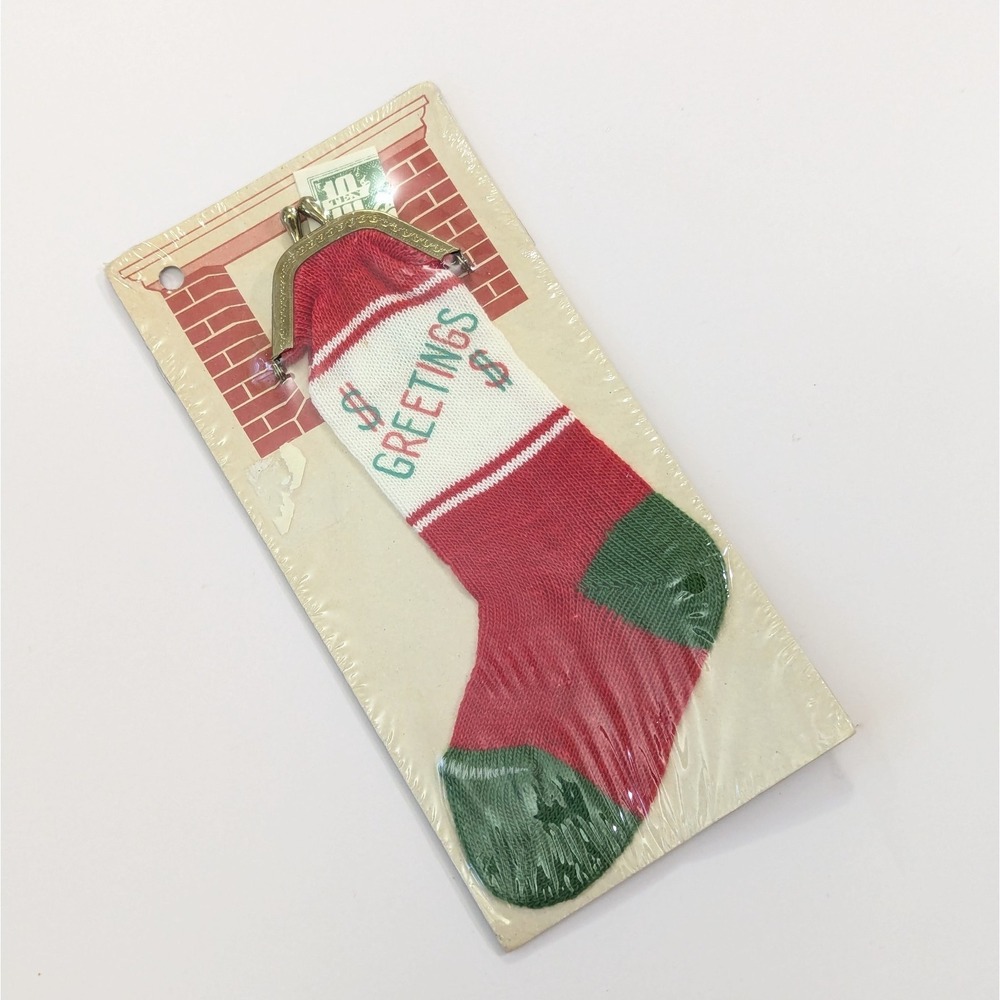 Vintage Christmas Mini Knit Stocking Money Holder Coin Purse Snap Closure NEW